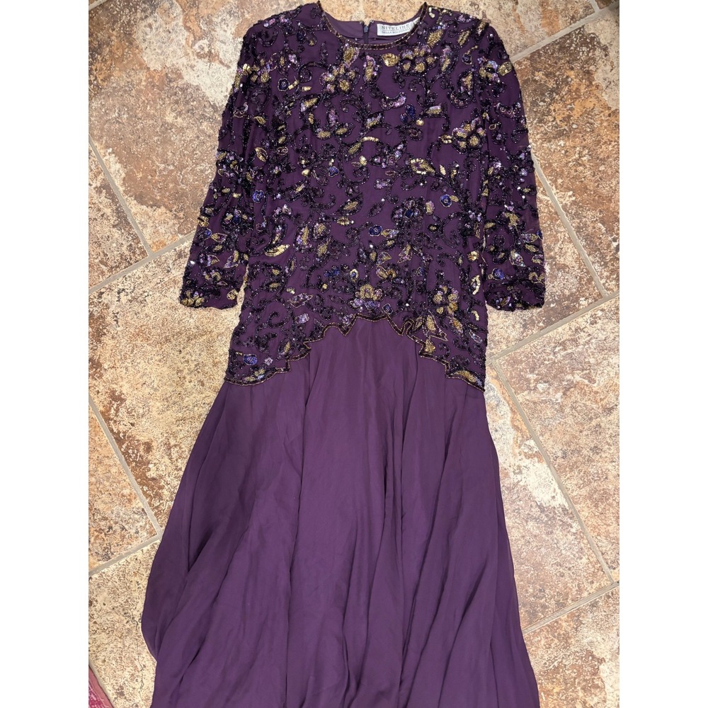 Niteline Della Roufogali Gown Womens 8 Purple Silk Beaded Sequin Maxi Dress